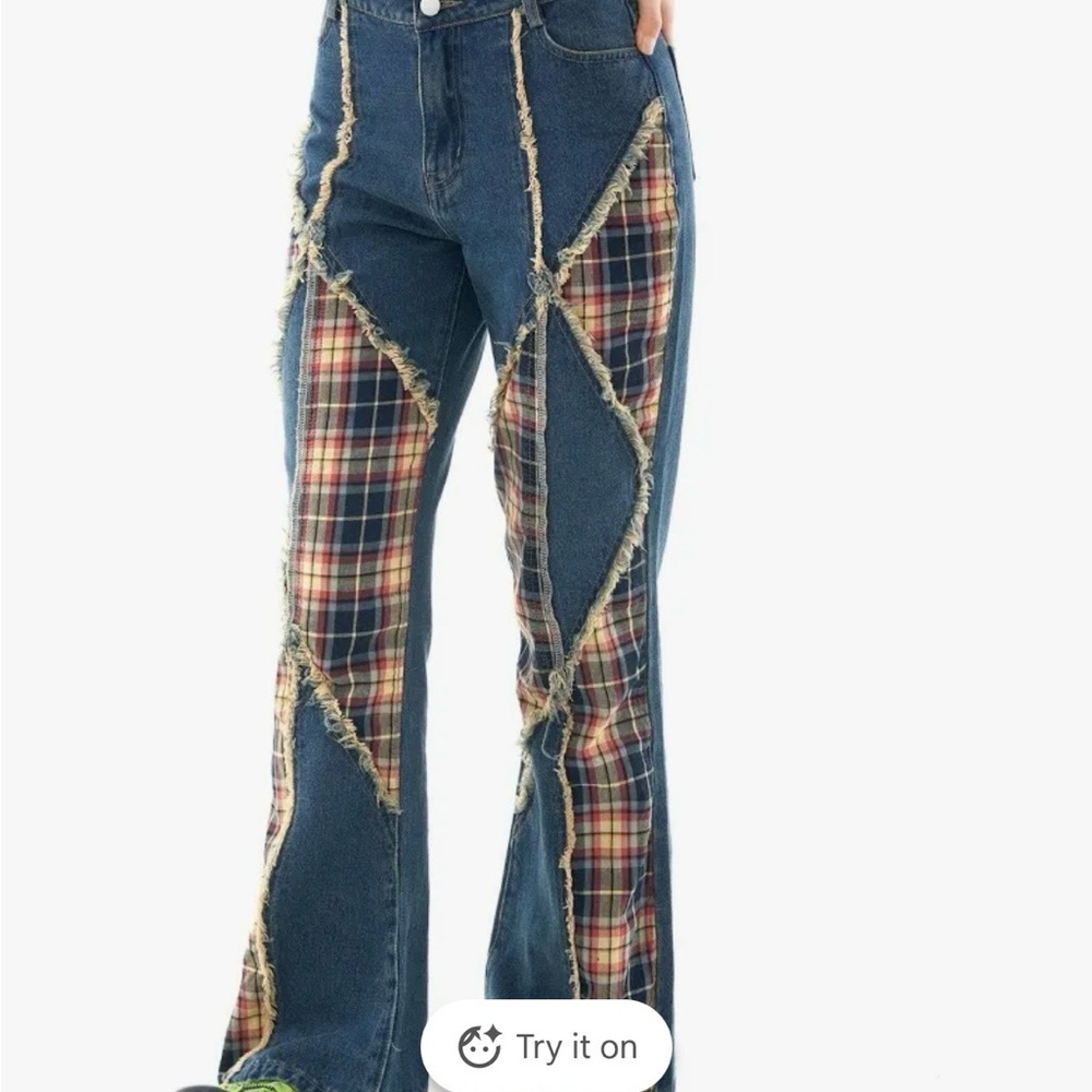 Plaid Patchwork Flare Jeans